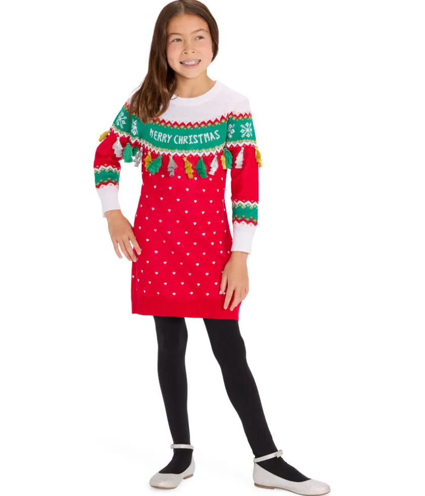 Tipsy Elves Girl's Merry Christmas Tassel Sweater Dress