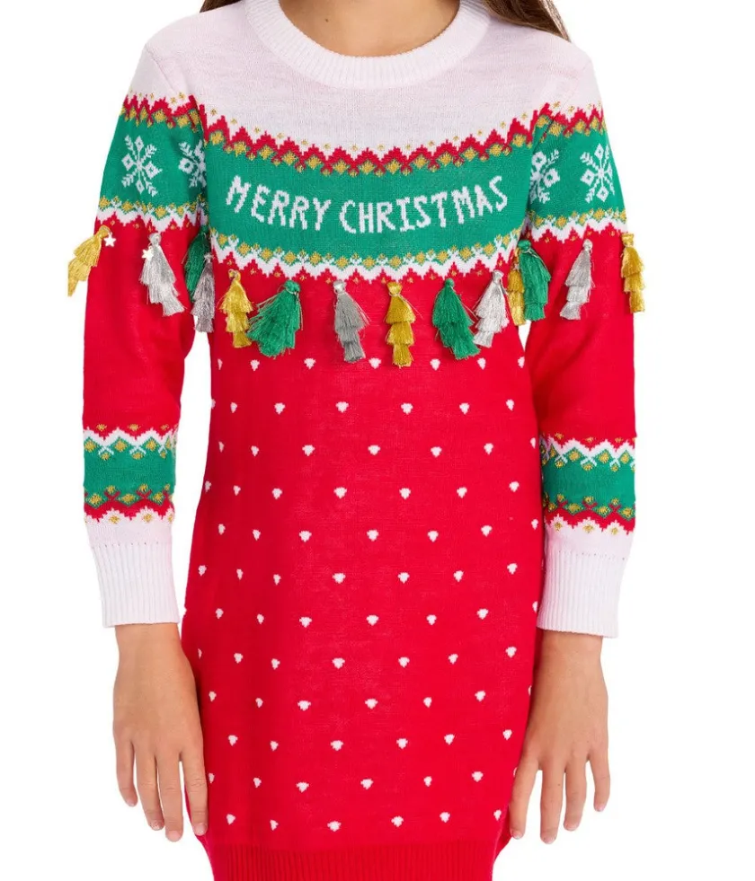 Tipsy Elves Girl's Merry Christmas Tassel Sweater Dress