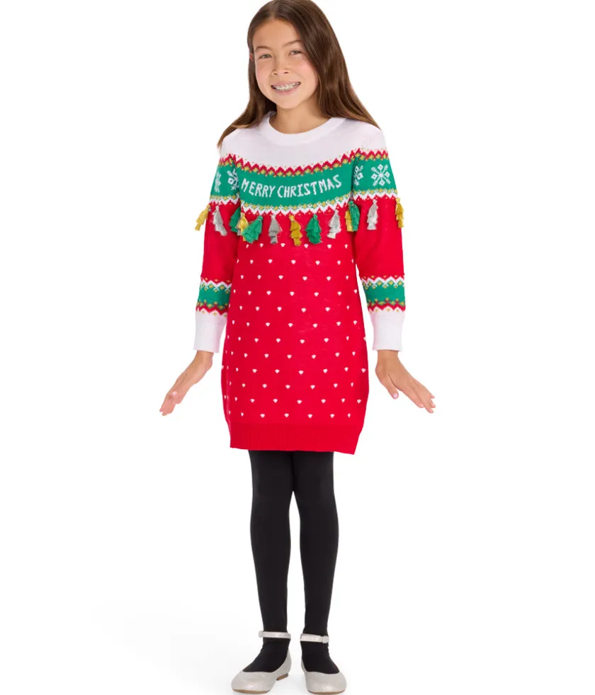 Tipsy Elves Girl's Merry Christmas Tassel Sweater Dress