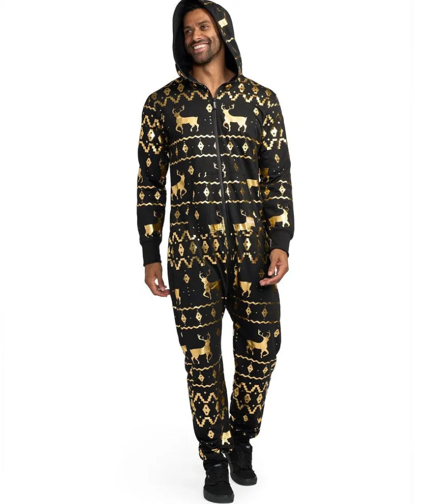 Tipsy Elves Men's Gold Foil Fair Isle Reindeer Jumpsuit New