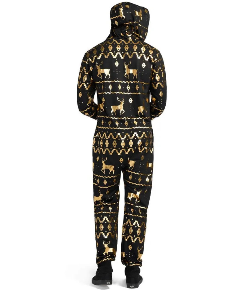 Tipsy Elves Men's Gold Foil Fair Isle Reindeer Jumpsuit New