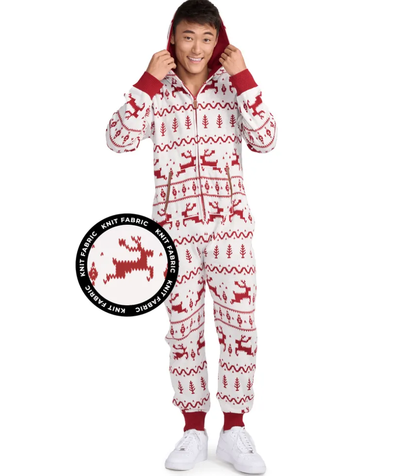 Tipsy Elves Men's Red and White Fair Isle Knit Jumpsuit New