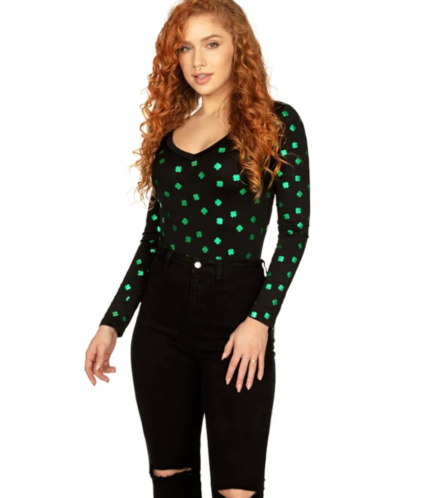 Tipsy Elves Metallic Clover Long-Sleeve Bodysuit Hot