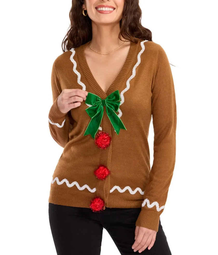 Tipsy Elves Women's Gingerbread Man Ugly Christmas Cardigan Sweater Best