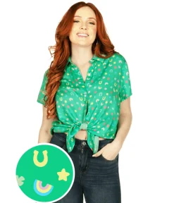 Tipsy Elves Women's Lucky Charmer Button Down Shirt Hot
