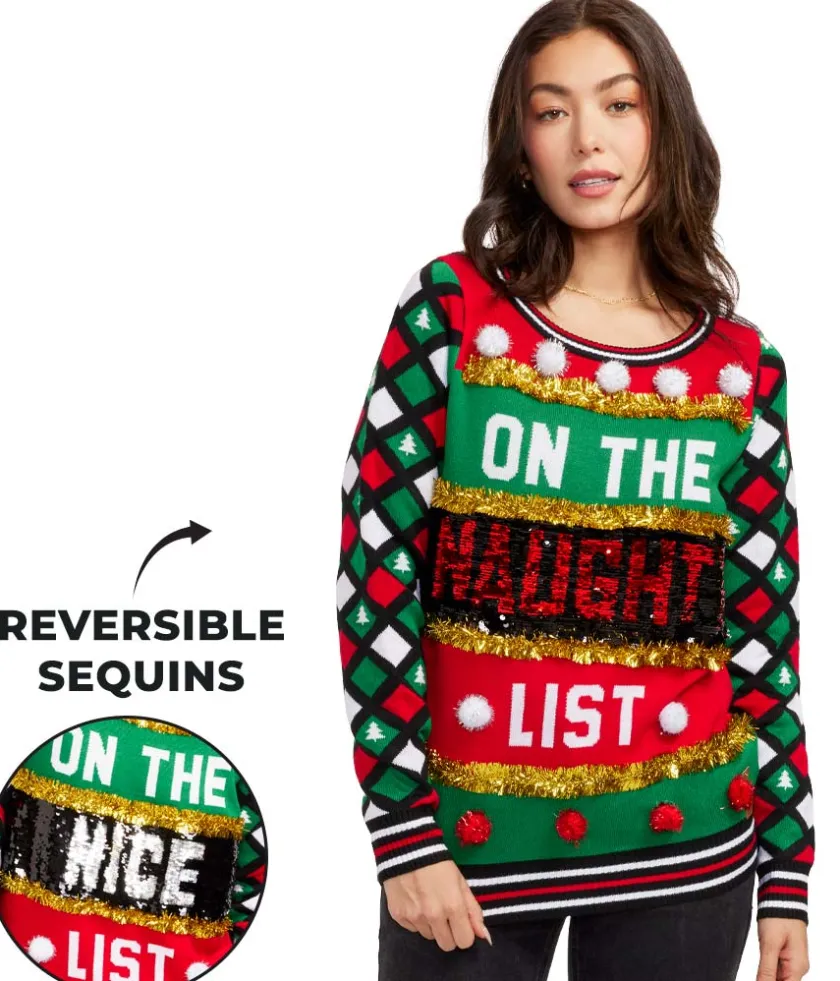 Tipsy Elves Women's Naughty or Nice Reversible Sequin Ugly Christmas Sweater Best