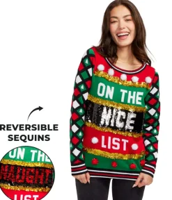Tipsy Elves Women's Naughty or Nice Reversible Sequin Ugly Christmas Sweater Best
