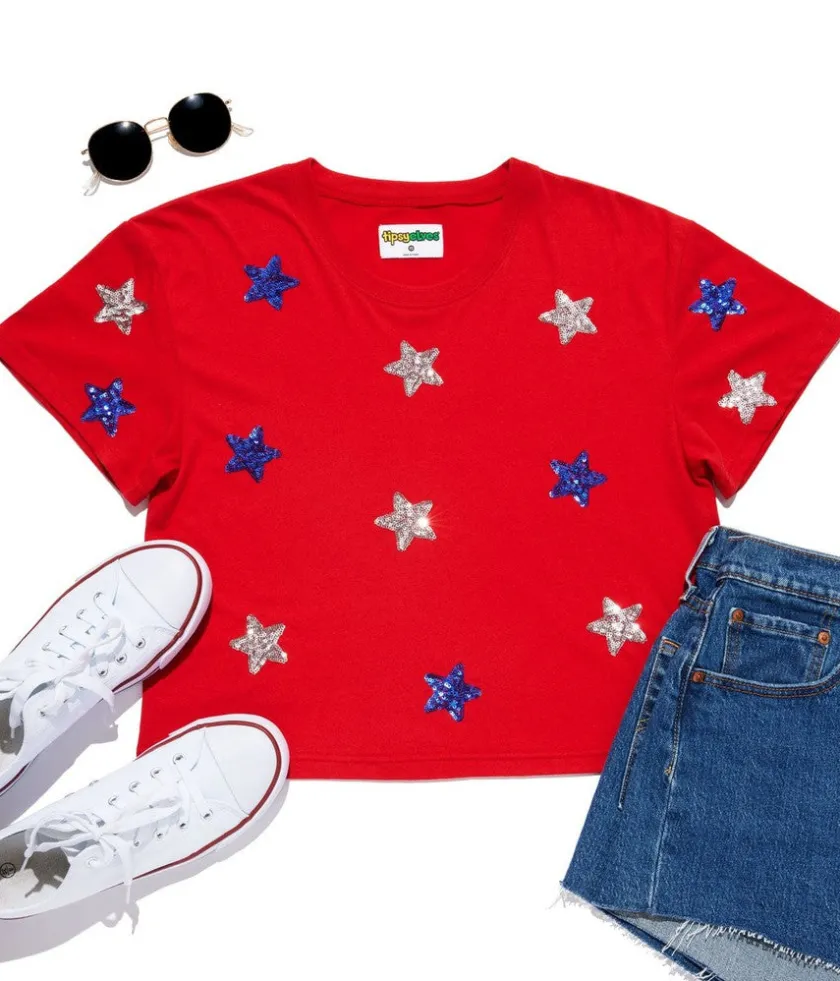 Tipsy Elves Women's Stars of Summer Sequin Cropped Tee Clearance