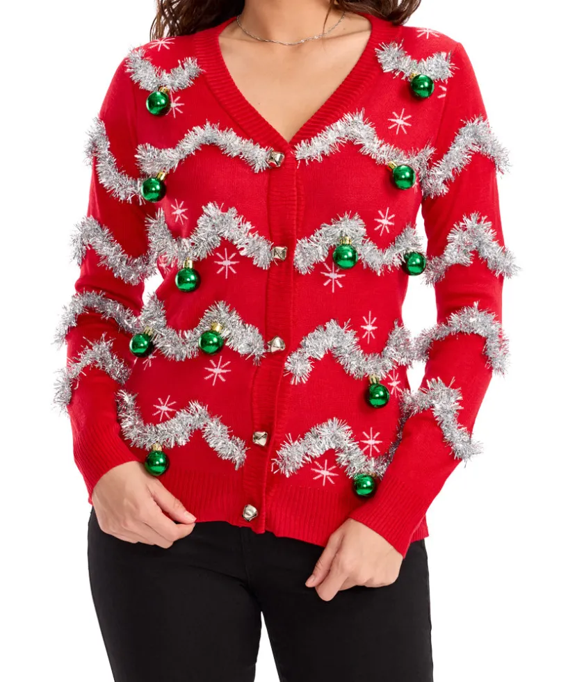 Tipsy Elves Women's Tinsel Ugly Christmas Cardigan Sweater Best